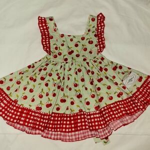 Girls Red Cherry Print Casual Dress with Ruffled Trim